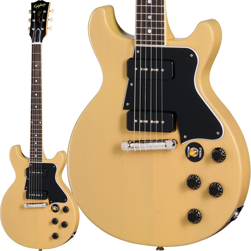 楽器種別：新品Epiphone/レスポール 商品一覧＞＞Epiphone/新品 商品一覧＞＞エレキギター【75，000円〜145，000円】 商品一覧＞＞レスポールタイプ/Epiphone 商品一覧＞＞当店のギターは、出荷前に専門スタッフが検品・調整しているので安心です！Epiphone Inspired by Gibson Custom 1960 Les Paul Special Double Cut Reissue (TV Yellow) 【 SUMMER FAIR】商品説明Epiphone SUMMER Fair！8/31までEpiphoneブランドの新品楽器本体をご購入で、Gibson Brandsノベルティグッズをプレゼント！！先着順・少数のためお急ぎください！　夏より「熱い」サウンドを、ぜひその手に！！　※無くなり次第の終了となります。ご注文時点で終了の際はご容赦下さいませ。ーーーーーーーーーーーーーーーーーーーーーーーーー決算プライスダウン！！Epiphone Inspired by Gibson Custom Series1960 Les Paul Special Double Cut ReissueGibsonのLes Paul Specialは1955年にシングルカッタウェイモデルとして登場しました。1958年から1960年にかけて生産されたサンバースト・スタンダードを除けば、オリジナルの50年代Les Paulモデルの中で最後に登場したバリエーションです。Les Paul Juniorの上位モデルとして開発され、サウンドの汎用性を高めるために2基のP-90ピックアップを搭載。さらに、バインディング付きの指板とマザー・オブ・パールのヘッドストック・ロゴを擁し、より洗練された仕様となりました。1958年にはボディシェイプがシングルカッタウェイからダブルカッタウェイへと変更され、ハイポジションへのアクセスが向上。1960年にはスリムテーパー・ネック・プロファイルへの変更とネック・ピックアップの位置変更により、さらに演奏性が高められました。このたび、ギブソン カスタムショップとの緊密な連携により、Epiphone 1960 Les Paul Special Double Cut Reissueが登場します。貴重な1960年製Les Paul Special Double Cutを忠実に再現したInspired by Gibson Customシリーズの一本です。本モデルは平板のマホガニー・ボディを採用し、ダブルカッタウェイのデザインが指板全体への優れたアクセスを提供します。ワンピース・マホガニー・ネックは、スムーズな演奏性を実現する60sスリムテーパー・プロファイルを擁し、ローズウッド指板、22本のミディアム・ジャンボ・フレット、マザー・オブ・パールのドット・ポジション・マーカー・インレイを備えています。12インチ・ラジアスの指板は、ローコードの演奏から高音域でのベンドまで、快適なプレイアビリティを提供します。ギブソン・スタイルのオープンブックヘッドストックには、Epiphone Deluxe 3連チューナー（ホワイトボタン付き）を搭載。Graph Techナットがチューニングの安定性を向上させています。ヒストリック・スタイルのラップアラウンド・ブリッジ（イントネーション調整ネジ付き）を採用し、弦の振動を確実に伝え、Les Paul Specialならではの豊かなサステインを生み出します。エレクトロニクスには、Gibson Custom製USA P-90ソープバー・ピックアップを2基搭載。スイートでクリーンなトーンから、荒々しくダーティなサウンドまで幅広い表現が可能です。各ピックアップはハンドワイヤリングにより各々のボリュームとトーンに結線されています。高品質なCTSポテンショメーターとBumblebeeペーパーインオイル・キャパシターはヴィンテージを彷彿とさせる魅力あふれるトーンを生み出し手練れのプレイヤーを唸らせます。外張りがブラウン色で内張りがピンク色のヴィンテージスタイルのハードケースが付属します。※画像はサンプルです。製品の特性上、杢目、色合いは個体ごとに異なります。商品詳細BodyShape: Les PaulMaterial: MahoganyBinding: Single Ply Cream， FretboardNeckNeck: One Piece MahoganyProfile: 60s SlimTaperNut width: 43mm / 1.69inFingerboard: RosewoodScale length: 628.65mm / 24.75inNumber of frets: 22Nut: Graph TechInlay: Mother of Pearl DotHardwareBridge: Historic Aluminum Wraparound with Intonation Adjustment ScrewsTailpiece: N/ATuners: Epiphone Deluxe Three on a Plate; White ButtonPlating: NickelElectronicsNeck pickup: Gibson Custom USA P-90 SoapbarBridge pickup: Gibson Custom USA P-90 SoapbarControls: 2 Volume， 2 Tone; CTS Potentiometers， Bumblebee Paper-in-Oil CapacitorsCaseCase: Hardshell with Brown Exterior， Pink Interior， and Inspired by Gibson Custom Graphicsイケベカテゴリ_エレキギター_レスポールタイプ_Epiphone_レスポール_新品 SW_Epiphone_新品 JAN:4570156008183 登録日:2025/04/27 エレキギター エピフォン レスポール