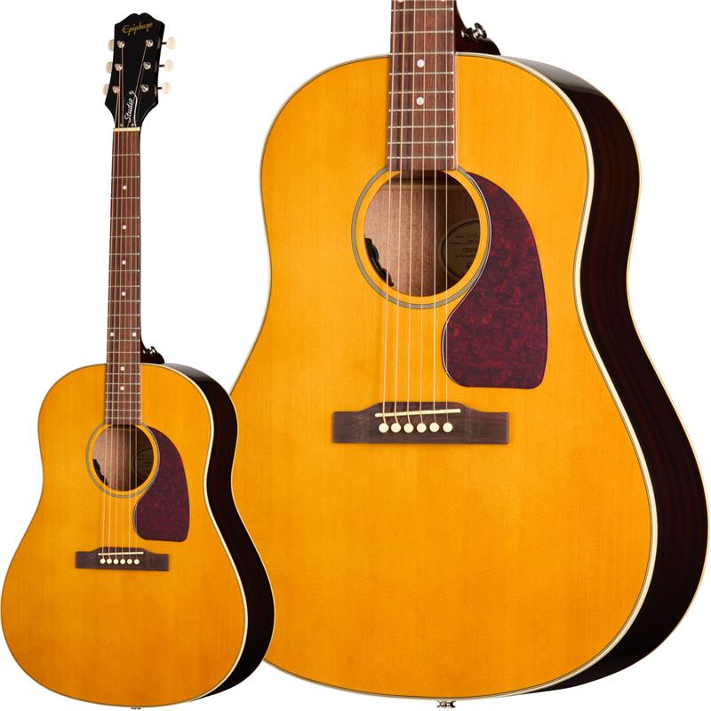 楽器種別：新品Epiphone/新品 商品一覧＞＞アコースティック・エレアコギター【35，000円〜70，000円】 商品一覧＞＞エレアコギター/Epiphone 商品一覧＞＞アコギ買うなら、当店で！出荷前の検品・調整はもちろん、丁寧梱包でお届けします！Epiphone 【数量限定エピフォン・アクセサリーパック・プレゼント】J-45 Studio （Natural） エピフォン商品説明新たなエピフォン スタジオ アコースティック コレクションからの新製品「J-45 Studio！」同コレクションの製品群は、象徴的なギブソンのデザインをベースにした最も本格的でお手頃な価格のアコースティックギターを提供するべく刷新されました。J-45 スタジオの魅力はクラシックなデザインと現代的な機能性の融合であり、初心者からベテランプレイヤーまで多くのギタリストを惹きつけます。ワークホース（働き者）のニックネームで知られるギブソンの定番モデル J-45をベースに、J-45 スタジオは、なで肩シェイプのスロープトショルダー・ボディと24.75インチスケールを採用。J-45 スタジオは温かで豊かなトーンと明瞭さに秀でたサウンドを実現し、どんな音楽スタイルを探求する場合でも理想的な選択肢となります。J-45 スタジオは合板マホガニーボディを採用。表板には4層のアイボリーとブラックのバインディング、裏板には1層のアイボリー色のバインディングが巻かれ、表板には単板スプルースを使用。反応が良くバランスの取れたトーンと優れたダイナミックレンジを実現し、経年とともに音色の向上をお楽しみいただけます。マホガニーネックはテーパー加工されたダブテイルジョイントでボディに接合され、快適なプレイアビリティを保証するラウンドC プロファイルを採用。ローズウッド指板には20本のフレットが打たれ、シンプルなパーロイド製のドット・インレイが施されています。プラスティック製のコンペンセイテッド・サドルはアイボリー色のブリッジピンとともにローズウッド製のベリーアップ・ブリッジ上にセットされています。さらに、ヴィンテージスタイルのデザインによる視覚的魅力を高めるべくこだわりの仕様を採用。ティアドロップ形でダークなトータスシェル柄のピックガード、アイボリー色のプラスチックボタンを備えた3連チューナー、そして金色のシルクスクリーンによるエピフォン・ロゴと60年代カラマズースタイルのヘッドストック等、ギブソンファン垂涎の仕様内容を誇ります。J-45 スタジオにはフィッシュマン社製エレクトロニクスが搭載。アンダーサドルピックアップ「S-Core」とサウンドホールに設置されたボリューム・トーンコントロールを備えた「フィッシュマン プレシス VT」プリアンプを装備。プレイヤーが素早く簡単に操作できる一方、観客からはほぼ見えない設計です。エピフォン J-45 スタジオはグロス仕上げで、ヴィンテージ感溢れるナチュラルとヴィンテージ・サンバーストの2色をラインアップ！ギブソンのテイストを汲んだエレアコをお探しの方におススメです！※画像はサンプルです。製品の特性上木目は一本一本異なります。商品詳細Body Style：Round ShoulderBody Shape：J-45Body Material：Layered Okoume(Gaboon Mahogany) or Sapelli (Sapelli Mahogany)Top：Solid SpruceBack：Layered MahoganySide：Layered MahoganyBinding：4-ply Ivory and Black Top， Single-ply Ivory BackBody Finish：GlossNeck Profile：Rounded CScale Length：628.65 mm / 24.75 inFingerboard Material：RosewoodFingerboard Radius：304.8 mm / 12 inNeck Material：MahoganyFret Count：20Frets：StandardNut Material：White PlasticNut Width：43.0 mm / 1.692 inInlays：Pearloid DotJoint：Glued In， Set Neck with Tapered Dovetail JointHardware Finish：NickelBridge：Belly-up， RosewoodSaddle Material：Compensated PlasticTuning Machines：Three-on-a-Plate with Ivory Plastic ButtonPickguard：Tear Drop-shaped Dark Tortoise Shell Epoxy-styleTruss Rod：Dual ActionTruss Rod Cover：2-ply Black Bell， StudioBridge Pins：IvoryStrap Buttons：2 - Side of Heel and Endpin JackUnder Saddle Pickup：Fishman S-CoreControls：Soundhole-mounted Volume and ToneOutput Jack：1/4 EndpinPreamp：Fishman Presys VTギグケース付属イケベカテゴリ_アコースティック・エレアコギター_エレアコギター_Epiphone_新品 SW_Epiphone_新品 JAN:4570156013705 登録日:2026/07/12 エレアコ エピフォン