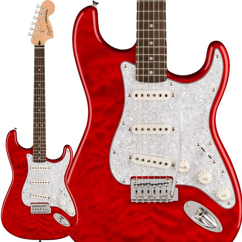 楽器種別：新品エレキギター/Squier by Fender 商品一覧＞＞エレキギター/Squier by Fender/Stratocaster 商品一覧＞＞エレキギター【25，000円〜50，000円】 商品一覧＞＞当店のギターは、出荷前に専門スタッフが検品・調整しているので安心です！Squier by Fender Affinity Series Stratocaster QMT (Crimson Red Transparent)[国内イケベ独占販売！]商品説明日本国内はイケベ楽器が独占販売！！キルトトップのAffinity Series Stratocaster！！Squier Affinity Series Stratocaster QMTは、伝統的なFenderファミリーへの入り口として、伝説的なデザインと典型的なトーンを備えたギターです。このStratocasterは、薄くて軽量なボディに目を引くキルトメイプルトップ（QMT）、スリムで快適なCシェイプネック、優れたアーミング奏法をサポートする2点支持トレモロブリッジ、スムーズで正確なチューニングを提供するスプリットシャフト付きシールドダイキャストチューニングマシンなど、プレイヤーフレンドリーな洗練された機能を備えています。ジャンルを超えたサウンドバリエーションを実現する5ウェイスイッチングのSquier Single-Coil Stratocasterピックアップを3基搭載し、あらゆるステージであらゆるプレイヤーに寄り添うことができるモデルです。※画像はサンプルとなります。製品の特性上、杢目・色合いは1本1本異なります。商品詳細Series: Affinity SeriesBody Material: (Top)Quilt Maple Veneer， (Back)PoplarBody Finish: Gloss PolyurethaneNeck: Maple， C ShapeNeck Finish: Satin Urethane Finish on Back of Neck with Gloss Urethane Headstock FaceFingerboard: Indian Laurel， 9.5 (241 mm)Frets: 21， Medium JumboPosition Inlays:Pearloid DotNut (Material/Width): Synthetic Bone， 1.650 (42 mm)Tuning Machines: Sealed Die-Cast with Split ShaftsScale Length: 25.5 (648 mm)Bridge: 2-Point Synchronized Tremolo with Block SaddlesPickguard: 4-Ply White PearloidPickups: Ceramic Single-CoilPickup Switching: 5-Position Blade: Position1. Bridge Pickup2. Bridge and Middle Pickup3. Middle Pickup， Position4. Middle and Neck Pickup5. Neck PickupControls: Master Volume， Tone 1. (Neck/Middle Pickups)， Tone 2. (Bridge Pickup)Control Knobs: WhiteHardware Finish: ChromeStrings: Nickel Plated Steel (.009-.042 Gauges)ソフトケース付属イケベカテゴリ_ギター_エレキギター_Squier by Fender_Stratocaster_新品 JAN:0717669602598 登録日:2022/06/20 エレキギター スクワイヤー スクワイアー フェンダー ストラト ストラトキャスター