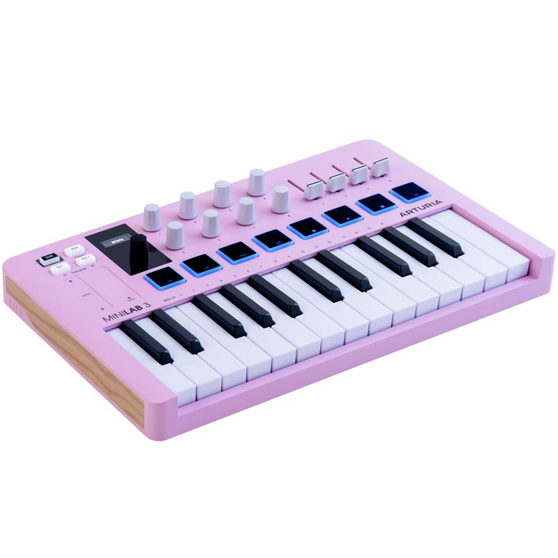 楽器種別：新品Arturia/新品 商品一覧＞＞DTM【5，000円〜20，000円】 商品一覧＞＞MIDI関連機器/MIDIキーボード/Arturia 商品一覧＞＞レコーディング機器買うなら、当店で！専門スタッフが迅速丁寧に対応します！Arturia MINILAB3 RQ [限定カラーRose Quartz] (ミニラボ)(アートリア)(ローズクオーツ)商品説明人気のコンパクトMIDIキーボード「MiniLab 3」に、鮮やかなローズクオーツカラー！MiniLab 3はクリエイティブなプラグ＆プレイ・ワークフォロー、多彩なパッド＆コントロール、500種類の厳選されたサウンドをソフトウェアで搭載。世界中の音楽家にインスピレーションを与えてきたMiniLab 3。◆ハンズオンで簡単に使えるタッチ感の優れたキーボード、スマートなDAW内蔵パッド＆フェーダー、リアルタイムのミニディスプレイまで、MiniLab 3は直感的で表現力豊か、初心者からプロまで使う楽しさを感じられるように設計されています。◆クリエイティブな機能アルペジエーター、コードモード、カスタムDAWプリセット、トランスポートコントロールなど、クリエイティブな作業をサポートし、音楽制作がより身近なものになります。◆ポータブルで使いやすいデザインMiniLab 3はコンパクトで軽量なデザイン、より高いDAWとの連携、MIDI出力とUSB-C接続により、ベッドルームからステージまで、あらゆるセットアップにシームレスにフィットします。◆クリエイティブなソフトウェアが付属ワールドクラスのMIDIコントローラーMiniLab 3には、業界標準のDAWから500を超えるシンセ＆キーボードプリセットまで、プレミアムな音楽制作ソフトウェアがフルパッケージで提供されます。バンドル内容：Ableton Live LiteAnalog Lab IntroUVI Model D グランドピアノNative Instruments The Gentleman アップライトピアノLoopcloud（2ヶ月のサブスクリプション＋ウェルカムパック1個＋お好きなパック1個）何百万ものロイヤリティフリーのループとサンプルを楽しめます。●主な仕様・25鍵ベロシティ・センシティブ・スリム鍵盤・8×2バンクのRGBバックライト付き高品質ベロシティ＆感圧パッド・8つのロータリーエンコーダー・4つのスライダー・ミニディスプレイとクリック可能なブラウズノブでリアルタイム調整・アルペジエーター、ホールドモード、コードモード・主要DAWとの直感的な連携（8つのDAW＆ユーザープリセット）・DAWトランスポートコントロール・オクターブ上下ボタン、トランスポーズ機能・ピッチベンド／モジュレーションホイール用静電容量式タッチセンサー・ペダル入力（サステイン／エクスプレッション／フットスイッチ）・USB-C MIDI接続・MIDI 5ピンDIN出力（外部MIDI機器に接続可）・Analog Labを含むArturiaソフトウェアとのシームレス統合外形寸法：356 × 219 × 54 mm質量：1kg・同梱物クイックスタートガイドレジストレーションカードUSBケーブル (C/A)※最新の動作環境はメーカーページをご参照ください。イケベカテゴリ_DTM_MIDI関連機器_MIDIキーボード_Arturia_新品 SW_Arturia_新品 JAN:3760033532530 登録日:2026/03/13 MIDIコントローラー アートリア アートゥリア