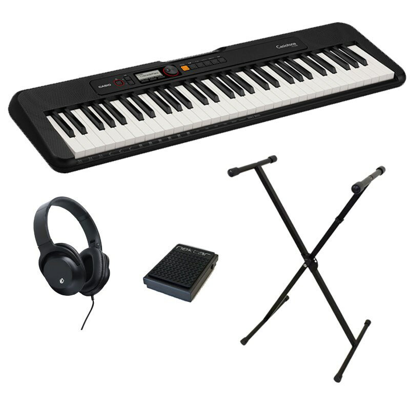 楽器種別：新品CASIO/新品 商品一覧＞＞電子ピアノ・その他鍵盤楽器【15，000円〜30，000円】 商品一覧＞＞ポータブルキーボード/CASIO 商品一覧＞＞国内最大級のLM鍵盤楽器&アコーディオンの専門店「鍵盤堂」と電子ピアノ専門フロア「あのぴあの」が鍵盤楽器のご要望を幅広くサポート致します。CASIO CT-S200BK[Casiotone] 【アクセサリーセットA】商品説明【アクセサリーセットA】セット内容・CASIO CTS-200・X型キーボードスタンド・汎用フットスイッチ・ヘッドホン※画像とデザインが異なる場合がございます。予めご了承下さい。スリム&スタイリッシュなグリップ一体型ポータブルデザイン音楽を好きな場所で楽しめるよう、930×256×73mmのコンパクトサイズに仕上げたほか、アルカリ乾電池で約16時間の連続駆動*が可能です。また、3.3kgと軽量で、キーボード上部にはグリップを備えているので、片手で楽に持ち運びができます。ご使用の電池の種類や演奏方法によっては連続動作時間が短くなることがあります。液晶画面とダイヤルで操作簡単液晶表示とダイヤルを組み合わせることで、ボタン数を少なくしたシンプルかつ簡単に操作できるインターフェースを採用。操作に迷ったときに元の画面に戻せるホームボタンも備えており、多機能な電子キーボードでありながらも使いやすさにこだわりました。コンパクトな本体サイズを感じさせないサウンドマグネットを強化した13cm×6cmの楕円スピーカーを採用することで、コンパクトな本体サイズを感じさせないサウンドを楽しめます。また、ボリュームに連動してイコライザーが最適化される機能を備えているので、小さな音量であっても低音から高音までバランスの良い音で演奏できます。ピアノ形状鍵盤弾きやすさとリアルな演奏感にこだわった、ピアノ形状の鍵盤を採用しています。箱型の形状をした鍵盤です。（白鍵のサイズ：長さ約136mm x 幅約22mm）オーディオ入力端子& USB（TO HOST）端子オーディオ入力端子を使ってスマートフォンやタブレットなどをつなぎ、好きな曲をCT-S200のスピーカーで聴いたりセッションも楽しめます。また、USB micro B端子でパソコンなどとつないで音楽制作を楽しむことができます。（いずれも市販のケーブルが必要です。）商品詳細仕様鍵盤61鍵同時発音数最大48音音色機能プリセット音色：400音色／ステレオピアノ音色：1エフェクト機能リバーブ（10種類、オフ）メトロノーム機能拍子：オフ、1〜16拍子テンポ：20〜255ソングバンク機能プリセットソング：60曲パートオフ機能：左手、右手、両手自動伴奏機能プリセットリズム：77種類ワンタッチプリセット：77種類その他：イントロ／エンディング機能、コード入力モード切替ダンスミュージックモード機能プリセットパターン：50種類、ダンスミュージックエフェクトデモ機能内蔵ソングバンク（60曲）を全曲ループ再生機能音量調節メトロノーム、リズム、ソング、ダンスミュージックその他の機能トランスポーズ：±1オクターブ（−12 〜 0 〜 ＋12半音）チューニング：A4 = 415.5〜465.9Hz（初期値: 440.0Hz）MIDI機能16chマルチティンバー受信、GMレベル1準拠端子USB端子：Micro-Bペダル端子：標準ジャック（ペダルサステイン、ソステヌート、ソフト、スタート／ストップ）ヘッドホン／アウトプット端子：ステレオミニジャックオーディオ入力端子：ステレオミニジャック／入力インピーダンス：10kΩ、入力感度：200mV電源端子DC9.5V電源2電源方式電池：単3形アルカリ乾電池又は単3形充電式ニッケル水素電池6本使用連続動作時間：約16時間（アルカリ乾電池使用時）、約13時間（充電式ニッケル水素電池使用時）※ご使用の電池の種類や演奏方法、使用環境によっては連続動作時間が短くなることがあります。eneloop（エネループ）使用時の測定値　「eneloop」は、パナソニックの登録商標です。ACアダプター：AD-E95100L（JEITA規格・極性統一形プラグ付き）オートパワーオフ機能：約30分後（キャンセル可能）スピーカー13cm×6cm（楕円形）×2（出力：2.0W＋2.0W）消費電力5.5Wサイズ幅93.0×奥行き25.6×高さ7.3cm質量約3.3kg（電池含まず）付属品譜面立て、ACアダプターイケベカテゴリ_電子ピアノ・その他鍵盤楽器_ポータブルキーボード_CASIO_新品 SW_CASIO_新品 JAN:4971850314974 登録日:2021/06/29 キーボード カシオ