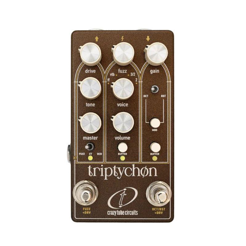 楽器種別：新品Crazy Tube Circuits/ファズ 商品一覧＞＞Crazy Tube Circuits/新品 商品一覧＞＞エフェクター【30，000円〜70，000円】 商品一覧＞＞ギター用エフェクター/歪み系/ファズ/Crazy Tube Circuits 商品一覧＞＞安心してお買い物頂けるよう、コンパクトもマルチも丁寧梱包でお届けします！Crazy Tube Circuits 【先取り大特価セール】Triptychon (ファズ/オーバードライブ)商品説明Triptychonは、三連画（トリプティク）という概念を基に設計されています。これは、各要素が独立して存在しながらも、他と組み合わさることで初めて完全な意味を持つ、3つの部分からなる構造です。このコンセプトに基づき、本ペダルは3つの独立しつつも相互に連携するセクションに分かれており、それぞれがエレキギターのトーンを構成する基本的な要素を表しています。個々には完結しつつも相互作用するように設計されたこれら3つの「パネル」は、各ステージ間の関係性がステージそのものと同じくらい重要となる、統一されたサウンドシステムを形成しています。過去のクラシックなレコーディングにおいて、ファズやトレブルブースターが単独で使用されることはほとんどありませんでした。その代わりに、これらはほぼ常にすでにプッシュされたアンプに接続され、ペダルとアンプの相互作用によって、現在ヴィンテージ・トーンと関連付けられているコンプレッション、サスティン、そして豊かな倍音が生み出されていました。ドライブがかかったアンプにトレブル・ブースターを繋ぐ、あるいはすでにサチュレーションがかかった信号経路にファズを繋ぐ、というのが標準的なアプローチでした。しかし、現代のセットアップでは、プレイヤーはクリーンなアンプを使用し、ゲインはペダルに頼ることが多いため、この相互作用は大きく変化しています。Triptychonは、そのオリジナルのシグナルチェーンを再現するように設計されており、クラシックなトーンを現代のセットアップでも適切に再現できるようにします。同時に、Triptychonは単に過去を再現するだけにとどまりません。各セクションは独自の特性と機能を保ちつつ独立して動作する一方で、従来の構成では現実的に実現できなかった組み合わせも可能にします。これにより、歴史的に正確なシグナルチェーンから、まったく新しいテクスチャーやゲイン構造に至るまで、単一のシステム内で自由に切り替えられる柔軟なトーン・プラットフォームが実現します。　　■ファズ・セクション：中核となるサウンドTriptychonの中央パネルの中心にはファズ回路が配置されており、エレキギターのサウンドを形作ってきたクラシックなファズ・デザインの4つの特徴的で忠実に再現されたサウンドを提供します。その内容は以下の通りです：2: Sola Sound Tone Bender MkIIにインスパイアされたモデル。ゲインの向上、サステインの延長、そしてよりアグレッシブで倍音豊かなサウンドを提供します。クラシックなゲルマニウム・ファズ回路は、その有機的なレスポンスと、ギターのボリュームコントロールで美しくクリーンアップできる能力で知られていますが、温度や環境条件に非常に敏感であり、パフォーマンスにばらつきが生じやすいという課題もあります。Triptychonは、専用のピギーバック構成でメタルケースのシリコントランジスタを使用することで、これらの特性を再現しています。これにより、ゲルマニウム設計特有の感触、レスポンス、クリーンアップ特性を維持しつつ、あらゆる環境下で安定性と一貫性を確保しています。各サウンドは独自の個性を保っているため、プレイヤーは単一のプラットフォーム上で、これらの象徴的なファズ回路間の音色の違いを明確に聞き分け、探求することができます。・ff: Dallas Arbiter Fuzz Faceに着想を得たモデル。パワフルなサチュレーションと優れたクリーンアップ性能を備えた、クラシックなダイナミックレスポンスを実現します。・vtb：Vox Tone Benderに着想を得たサウンド。よりタイトで、ゲインがやや低く、切れ味があり、低域が抑えられたキャラクターを提供します。・3/2：Sola Sound Tone Bender Mk1.5に着想を得たサウンド。ffスタイルのレスポンスを拡張し、低域の重みとより力強い感触を加えています。　　■オクターブ／ブースト・セクション：ハーモニック・シェイピングと拡張Triptychonの右パネルは、システムの倍音域と表現力を拡張し、クラシックなトレブル・ブースターとアッパー・オクターブ回路のどちらかを選択できるようにしています。ブーストモード（BST）では、回路は伝説的なレンジマスター・スタイルのトレブル・ブースターに着想を得ています。これは歴史的に、アンプをより豊かなサチュレーションへと押し上げ、高次倍音を強調し、密なミックスの中でもギターの音が際立つようにするために使用されてきました。このタイプの回路は、数え切れないほどのクラシックなレコーディングにおいて決定的な要素となり、明瞭さ、存在感、そしてアーティキュレーションを備えたリード・トーンを形成してきました。オリジナルのRangemaster設計はゲルマニウムトランジスタを採用していましたが、Triptychonのブーストセクションは、専用のピギーバック構成でメタルケースのシリコントランジスタを中核に据えています。これにより、ヴィンテージのゲルマニウム・ブースター特有のトーン特性、ダイナミックレスポンス、クリーンアップ挙動を再現しつつ、温度や環境条件への影響を受けにくいという利点も兼ね備えています。MODスイッチをオンにすると、ブーストのレスポンスがより豊かでミッド中心のものへと変化し、より厚みがあり、前面に押し出されたようなトーン特性へとシフトします。オクターブモード（OCT）では、回路は完全アナログの上オクターブエフェクトを提供し、クリアで定義の明確なものから、アグレッシブでサチュレーションの効いたものまで幅広い表現が可能です。・MOD Off：よりクリアで明瞭なオクターブレスポンスとなり、音符の分離感が向上します。・MOD On：ゲインが増加し、クラシックなFoxx Tone Machineに着想を得た、よりサチュレーションの効いたファズのようなオクターブキャラクターと、より豊かな倍音成分が得られます。高音域のオクターブエフェクトは、表現力豊かなリードプレイと長年結びつけられてきました。サウンドに倍音の豊かさ、迫力、そしてボーカルのような質感をもたらします。※オクターブ（MOD On）を、ゲイン設定を高くしたファズセクションと組み合わせると、各ステージ間の相互作用によってゲート処理のような質感や高度に圧縮されたレスポンスが生まれ、より実験的でアグレッシブなサウンドの可能性が広がります。　　■ドライブ・セクション：アンプの基礎このパネルは、クラシックなシグナルチェーンの重要な要素である「限界までドライブさせたアンプの挙動」を再現することで、Triptychonシステムを完成させます。このドライブ・セクションは、ハイゲインのオーバードライブやディストーションに重点を置くのではなく、限界近くで動作するアンプのコンプレッション、サチュレーション、そして倍音成分を再現するように設計されています。これは、かつてファズやトレブル・ブースターが活躍した環境であり、本物のヴィンテージ・レスポンスを実現するための重要な要素です。このドライブは、音楽的でダイナミックなオーバードライブとして単独で使用することもできますが、その主な役割は他のセクションの基盤となることです。ファズやオクターブ／ブーストのパネルをドライブされたゲインステージに配置することで、通常は大音量で限界までプッシュされたアンプが必要となるような相互作用やフィーリングを再現します。サスティンや倍音成分を微妙に強調したり、レスポンスを引き締めたり、あるいは必要に応じてさらにプッシュして独自のキャラクターを加えることも可能です。いずれの場合も、他のステージを支配するのではなく、その挙動を支え、引き立てるように設計されています。ドライブセクションは、ファズまたはブースト／オクターブのフットスイッチのいずれかに割り当てることができ、ペダルボードの複雑さを増すことなく、コンパクトで直感的なセットアップで動作させることができます。さらに制御範囲を広げるには、別売りの外部XTフットスイッチを接続することで、ドライブセクションを完全に独立して動作させることができます。これにより、Triptychonはシンプルな2スイッチ構成から、完全に拡張された3スイッチシステムへとシームレスに適応し、必要に応じてシンプルさと高度な制御の両方を提供します。　　■シグナル相互作用を考慮したアンチバッファー設計従来のファズやトレブル・ブースターの回路は、パッシブ・ギター・ピックアップの高インピーダンスと直接相互作用するように設計されています。この相互作用は、適切な周波数バランスとダイナミック・レスポンスを実現するために不可欠です。しかし、現代のセットアップでは、これらの回路の前にバッファー付ペダルやアクティブ・ピックアップが配置されることが非常に一般的です。そのような場合、ファズやブースターは本来想定されていた高インピーダンスのソースを「認識」できなくなり、その結果、過度なゲイン、耳障りな高域、そして適切なクリーンアップやタッチ感度の完全な喪失を招く可能性があります。この問題に対処するため、Triptychonはファズとブーストの両セクションに専用の（アンチ）バッファ回路を搭載しています。これらの回路は各ステージが認識する入力インピーダンスを能動的に再形成し、パッシブ・ピックアップへのダイレクト接続時の電気的状態を再現します。特定のピックアップを厳密に1対1で再現するのではなく、独自の音楽的キャラクターを持つ、入念にチューニングされたパッシブ・ピックアップ・シミュレーションとして機能します。これにより、レスポンスはギターを直接接続した場合に大幅に近づくと同時に、異なるセットアップ間でも一貫性を維持します。実際には、バッファやアクティブシステムが存在する場合でも、Triptychonはクラシックな設計を特徴づけるフィーリング、クリーンアップ、周波数特性を維持します。同時に、この制御された相互作用により、レスポンスの微妙なバリエーションが引き出され、回路の核となるキャラクターを損なうことなく、音色のニュアンスの幅を広げることができます。最適な結果を得るためには、Triptychonの入力段にバッファードペダルやアクティブ・ピックアップが接続されている場合にのみ、アンチバッファー回路をオンにしてください。パッシブ・ギター・ピックアップから直接信号を入力する場合は、回路をオフにしたままにすることをお勧めします。そうすることで、回路が本来の意図通りに楽器と自然に相互作用するようになります。商品詳細スペック●電源：DC9Vセンターマイナス電源。●最大消費電流：80mA●高品質リレーによるクリックレス・トゥルー・バイパス設計●トップマウントジャック●寸法 (W x L x H): 69 x 125 x 58 mm●重量：385g●ギリシャ製イケベカテゴリ_エフェクター_ギター用エフェクター_歪み系_ファズ_Crazy Tube Circuits_ファズ_新品 SW_Crazy Tube Circuits_新品 JAN:5214001261536 登録日:2026/05/21 クレイジーチューブサーキット