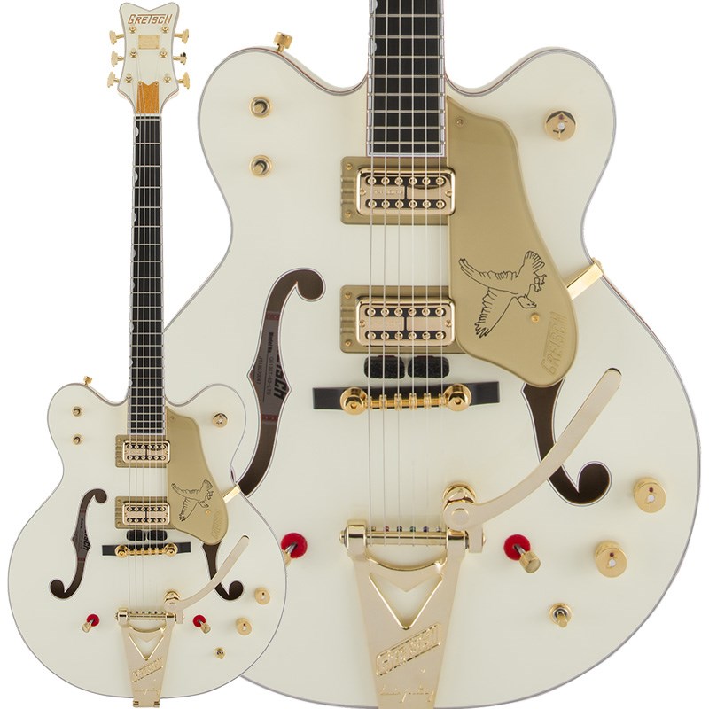 楽器種別：新品エレキギター/GRETSCH 商品一覧＞＞エレキギター/GRETSCH/Falcon 商品一覧＞＞エレキギター【355，000円〜665，000円】 商品一覧＞＞当店のギターは、出荷前に専門スタッフが検品・調整しているので安心です！GRETSCH Limited Edition G6136TG-62 ‘62 Falcon with Bigsby (Vintage White/Ebony) 商品説明G6136TG-62 Limited Edition ‘62 Falcon with Bigsbyは、ストリングミュートやスタンバイスイッチといった特徴を持つ1962年スタイルダブルカッタウェイ仕様の限定Falconです。パラレルトーンバーを採用した17インチ幅、2インチ厚のメイプルダブルカッタウェイボディで、メイプルネックにはNeo-Classicサムネイルインレイの入ったエボニー指板を組み合わせています。1〜3弦と4〜6弦の2つに分かれたストリングミュートはボディ後方にある2つのミュートスイッチを倒すことで、ブリッジとリアピックアップの間にあるストリングフォームが弦に触れミュートされます。ピックアップは最初期のFiter’Tronの仕様を忠実に再現したTV Jones Ray Butts Ful-Fidelity Filter’Tron Goldを搭載しています。コントロールは各ピックアップボリューム、マスターボリュームに加え、3ウェイトーンスイッチ、3ウェイピックアップセレクタースイッチ、スタンバイスイッチを装備しています。さらにGretsch独自のSqueezeboxペーパーインオイルキャパシターを導入し、ボリュームを絞った際にもフルボリュームと変わらないトーンを実現するトレブルブリード回路を採用しています。ハードウェアはすべてゴールドで統一され、ジュエルGアローノブ、Bigsby B6Gを搭載し、ピン止めエボニーベースにSpace Controlブリッジ、ヴィンテージスタイルの厚みのあるプレキシピックガードを組み合わせています。※画像はサンプルです。商品の特性上、木目や色合いは一本一本異なります。商品詳細■SPECBody Material：Laminated Maple with Arched Laminated Maple TopBody Finish：Gloss UrethaneNeck：MapleNeck Finish：Gloss UrethaneScale Length：25.5inch (648 mm)Fingerboard:Ebony， 12inch (305 mm)Frets：22， Vintage SmallNut Width：1.6875inch (42.86 mm)Position Inlays：Pearloid Neo-Classic ThumbnailBridge Pickup：TV Jones Ray Butts Ful-Fidelity Filter’Tron GoldNeck Pickup：TV Jones Ray Butts Ful-Fidelity Filter’Tron GoldControls：Volume 1. (Neck Pickup)， Volume 2. (Bridge Pickup)， Master Volume，3-Position Tone Switch，Standby SwitchSwitching：3-Position Toggle: Position 1. Bridge Pickup， Position 2. Bridge And Neck Pickups， Position 3. Neck PickupBridge：Bigsby B6G w/ Space Control BridgeHardware Finish：Gold HardwareTuning Machines：Grover Imperial GoldPickguard：Gold Plexi with Gold Gretsch Logo and Falcon Graphic (Vintage Thick 0.2)Control Knobs：Jeweled G-ArrowStrings：Nickel Plated Steel (.011-.049 Gauges)ハードケース付属イケベカテゴリ_ギター_エレキギター_GRETSCH_Falcon_新品 JAN:0885978031139 登録日:2023/12/19 エレキギター グレッチ ファルコン