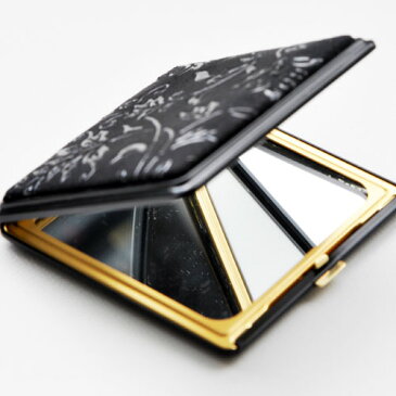 印伝・ミラー・手鏡・コンパクトミラー【印伝ミラー・スタンドミラー・ハンドミラー・革製 】5015・黒/黒 花唐草