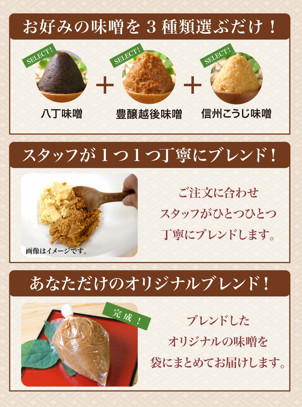 自分で選べるブレンド味噌自分で組み合わせるブレンド味噌 あなただけのカスタムブレンド味噌 3種配合 オリジナル合わせ味噌 国産味噌 味噌専門店 生きてるみそ ikimiso-10001162 生きてるみそ サンプル画像3