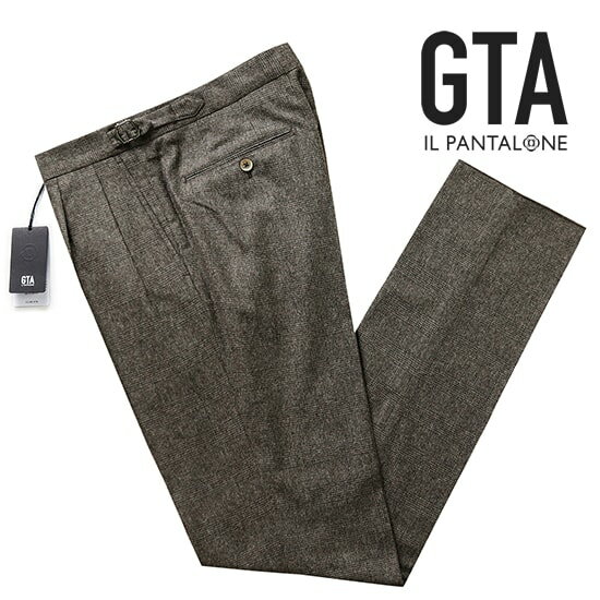 ジー・ティーアー 【ポイント10倍】【SALE】ジーティーアー GTA ／ 【国内正規品】 ／ 22-23AW ウールフランネルグレンチェックサイドアジャスター2プリーツパンツ「HERRICK」（ダークブラウン）／ エリック 秋冬 メンズ スラックス ウールパンツ ビジネス 英国柄