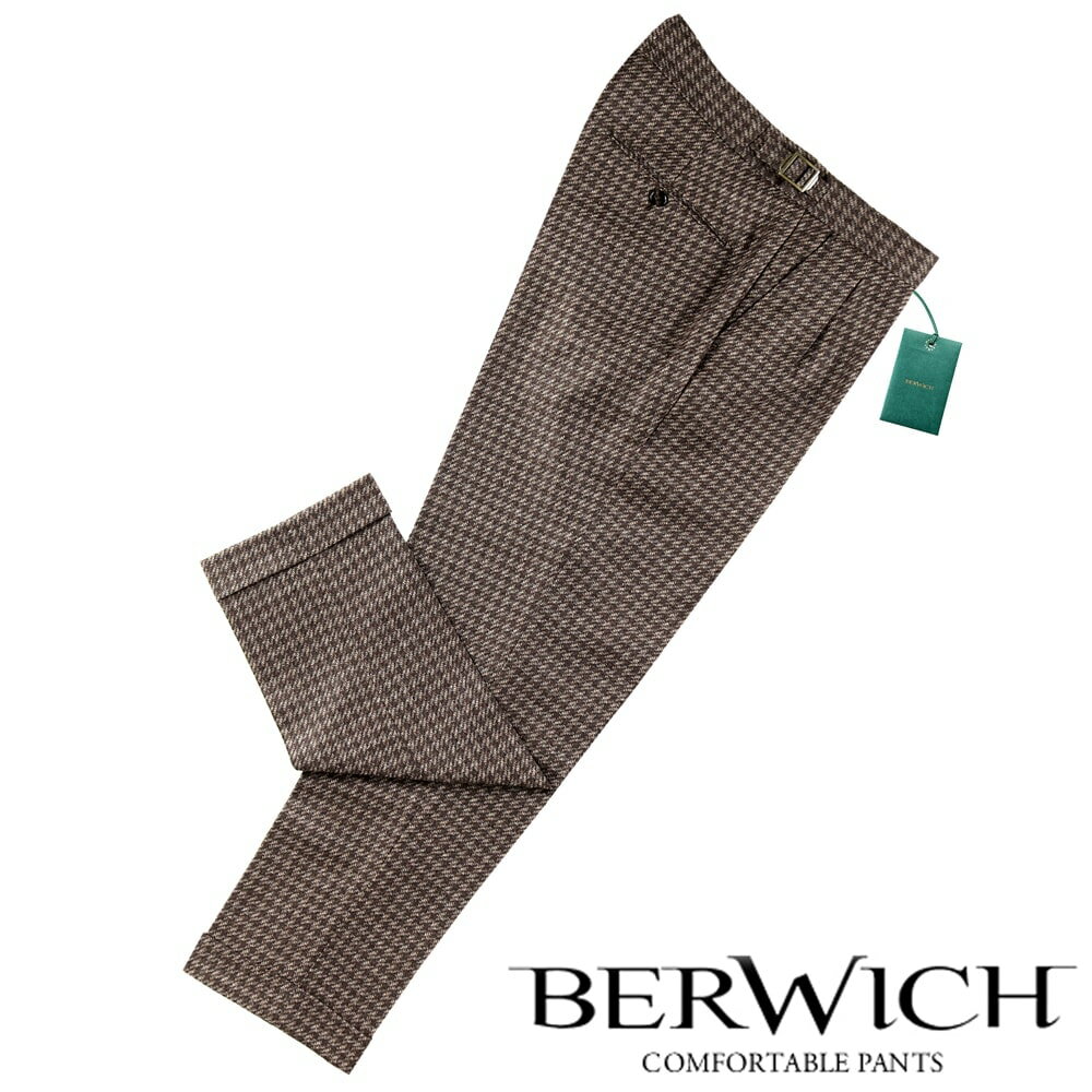 ベルウィッチ BERWICH ／  ／ 23-24AW ウールライトツイードハウンドトゥースサイドアジャスター2プリーツパンツ「SCOTCH」（LT BROWN／ブラウン基調）／ スコッチ 秋冬 メンズ 英国柄