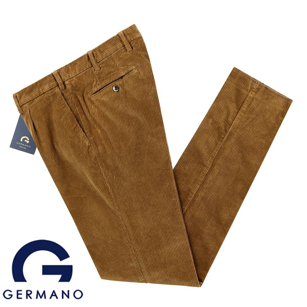 【SALE】ジェルマーノ GERMANO ／ 23-24AW 製品染めコットンストレッチ細親子畝コーデュロイ1プリーツパンツ「521G-7909（CITY）」（コニャック）／ 秋冬 メンズ コーデュロイパンツ コットンパンツ 無地 オリンピアス