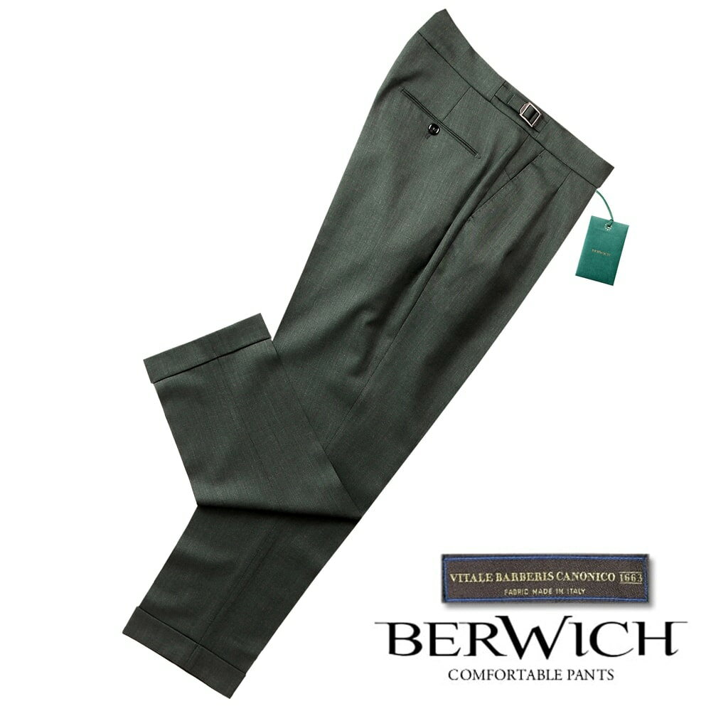 ベルウィッチ BERWICH ／  ／ 24SS CANONICOウールフレスコサイドアジャスター2プリーツパンツ「SCOTCH」（GREEN／ダークグリーン）／ スコッチ 春夏 メンズ イタリア サイドアジャスターパンツ カノニコ 無地