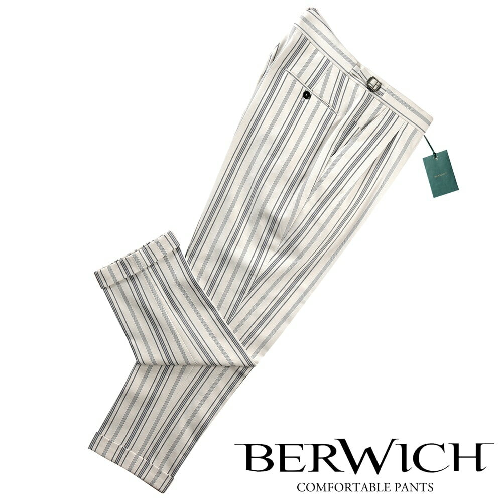 ベルウィッチ BERWICH ／  ／ 24SS コットンツイルストライプサイドアジャスターパンツ「SCOTCH」（WHITE／オフホワイト×ネイビー）／ スコッチ 春夏 メンズ イタリア サイドアジャスターパンツ ストライプパンツ