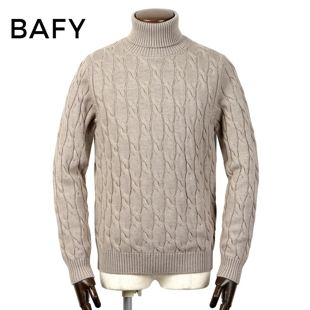 【ポイント10倍】 バフィー BAFY / 25-26AW メリノウールミドルゲージケーブル編みタートルネックニット「4513」(グレージュ)/ 秋冬 メンズ イタリア セーター エクストラファインメリノウール