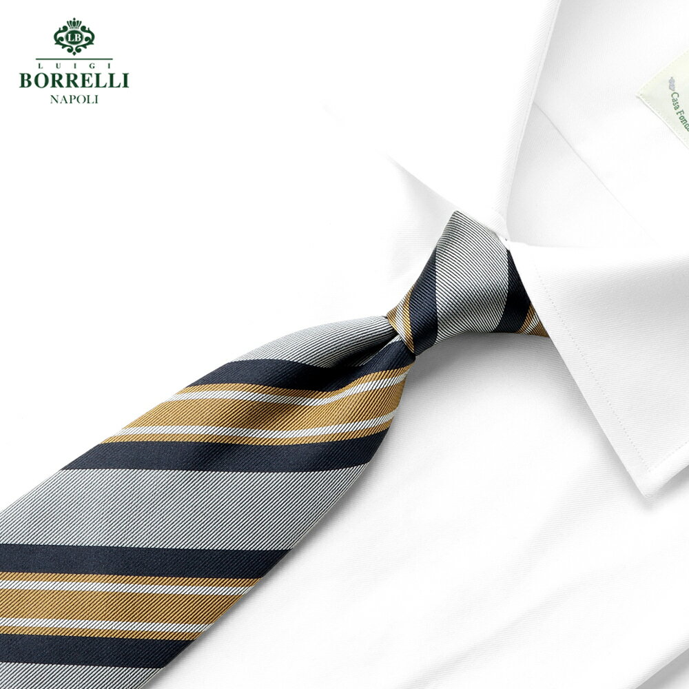 【ポイント10倍】ルイジボレッリ ルイジボレリ LUIGI BORRELLI ／ 25-26AW シルクツイルレジメンタルネクタイ「459023」（ライトグレー×カーキ）【ネコポス対応 ／ 1点のみ・同梱不可】【ラッピング対応】／ ブランド ビジネス オールシーズン イタリア