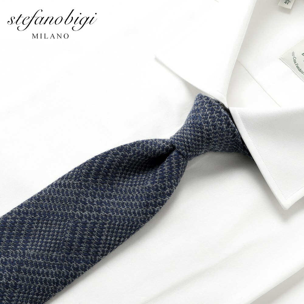 ステファノ ビジ ステファノビジ stefanobigi ／ 25-26AW ウールシルクライトフランネルグレンチェックネクタイ「ARNO（Y144）」（ネイビー基調）【ネコポス対応 ／ 1点のみ・同梱不可】【ラッピング対応】／ 秋冬 イタリア ウールネクタイ ビジネス