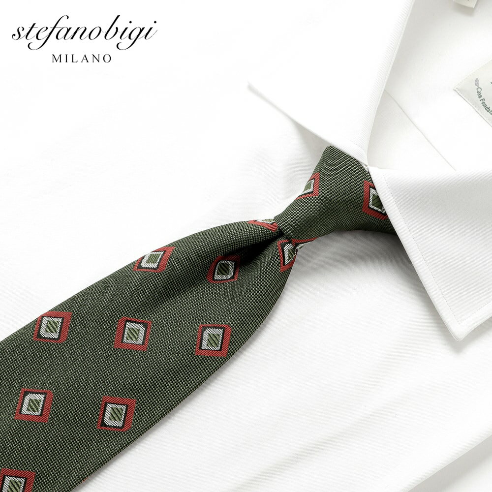 ステファノ ビジ ステファノビジ stefanobigi ／ 25-26AW シルクジャカード小紋柄ネクタイ「SENNA（Y143）」（モスグリーン基調）【ネコポス対応 ／ 1点のみ・同梱不可】【ラッピング対応】／ オールシーズン イタリア シルクネクタイ ビジネス 小紋柄