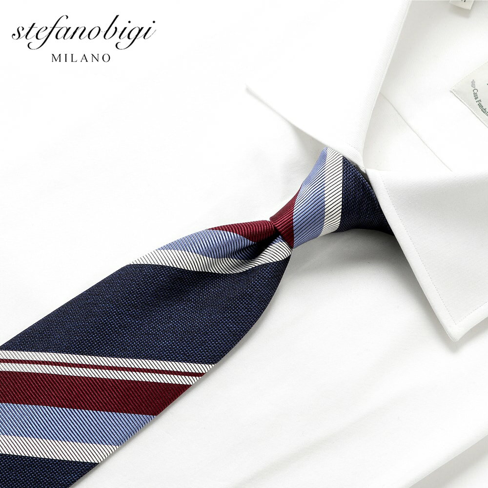 ステファノビジ stefanobigi ／ 25-26AW シルクジャカードストライプネクタイ「SENNA（Y205）」（ネイビー基調）【ネコポス対応 ／ 1点のみ・同梱不可】【ラッピング対応】／ オールシーズン イタリア シルクネクタイ ビジネス レジメンタル