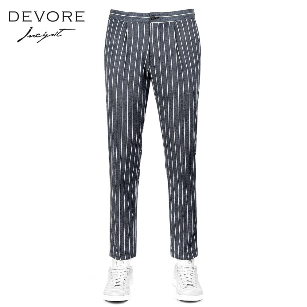 デヴォレ インチピット DEVORE incipit / 25SS ポリエステルコットンストレッチギャバジンストライプ1プリーツシャーリングパンツ「LEISURE 1」(インディゴブルー×ホワイト)/ 春夏 メンズ イタリア ボトムス ドローコードパンツ