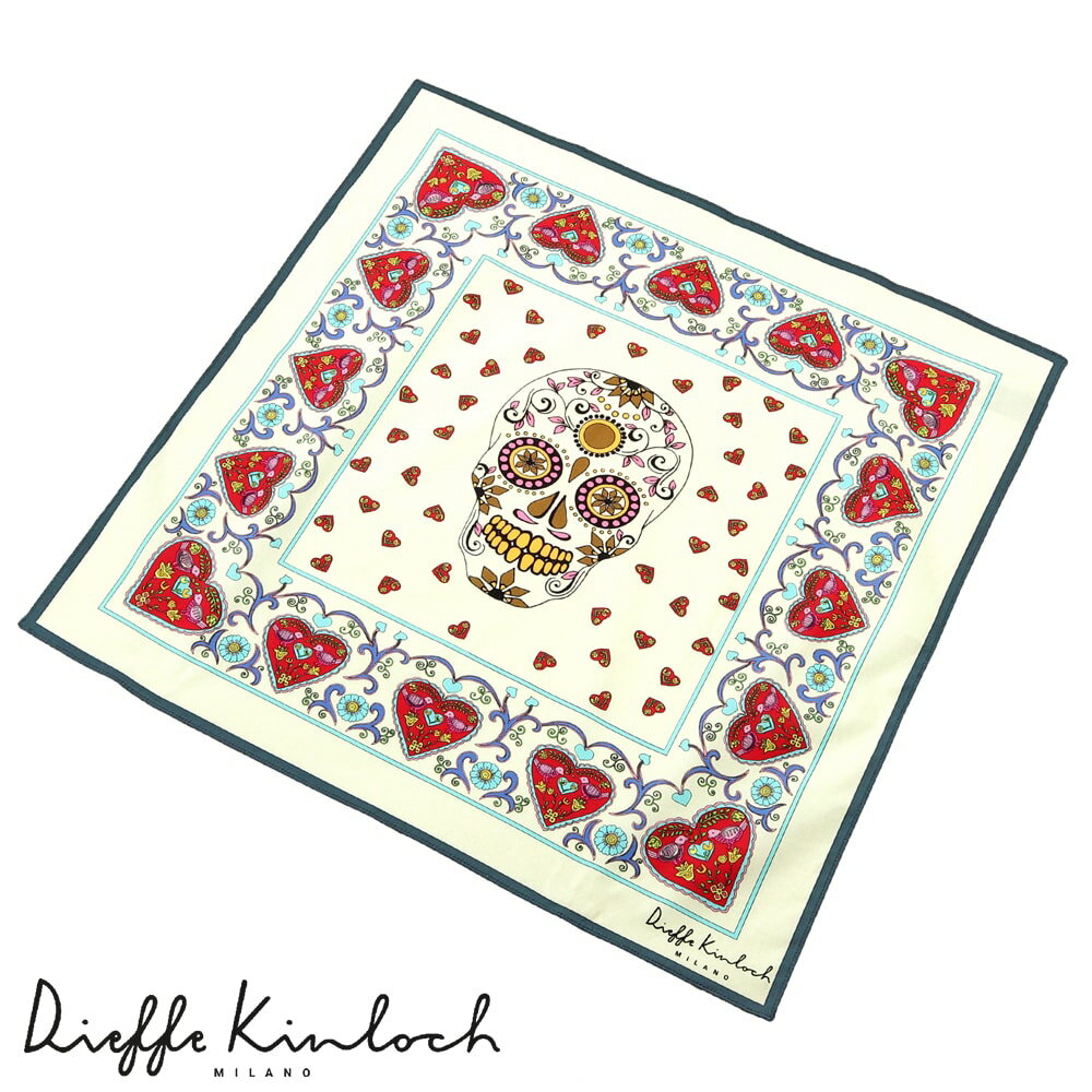 【ポイント10倍】ディエッフェ キンロック Dieffe Kinloch ／ コットンポプリンプリントハンカチーフ「MEXICO／CALACA D?COR」（アイボリー基調）【ネコポス対応 ／ 12点まで同梱可】【ラッピング対応】／ メンズ ギフト プレゼント イタリア スカーフ メキシコ