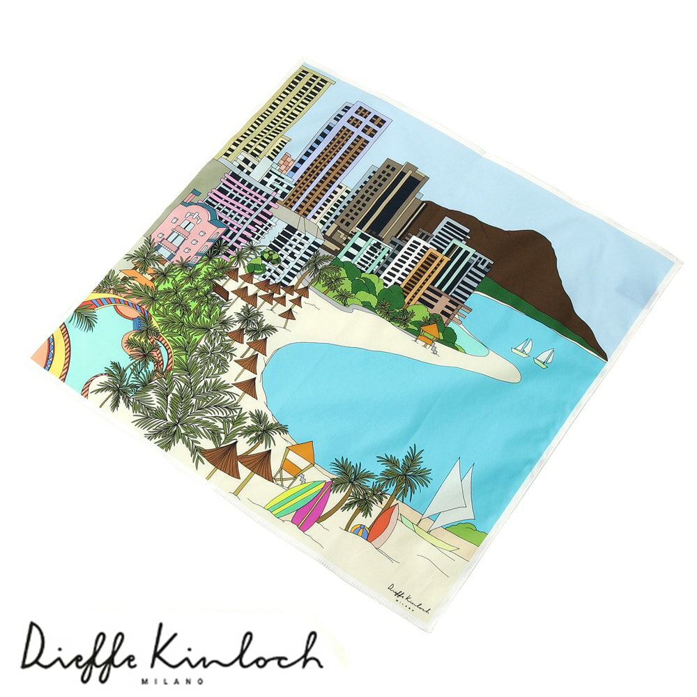 ディエッフェ キンロック Dieffe Kinloch / コットンポプリンプリントハンカチーフ「HAWAII/WAIKIKI」(アクアブルー基調)【ネコポス対応 / 12点まで同梱可】【ラッピング対応】/ ハンカチ メンズ ギフト プレゼント スカーフ ハワイ