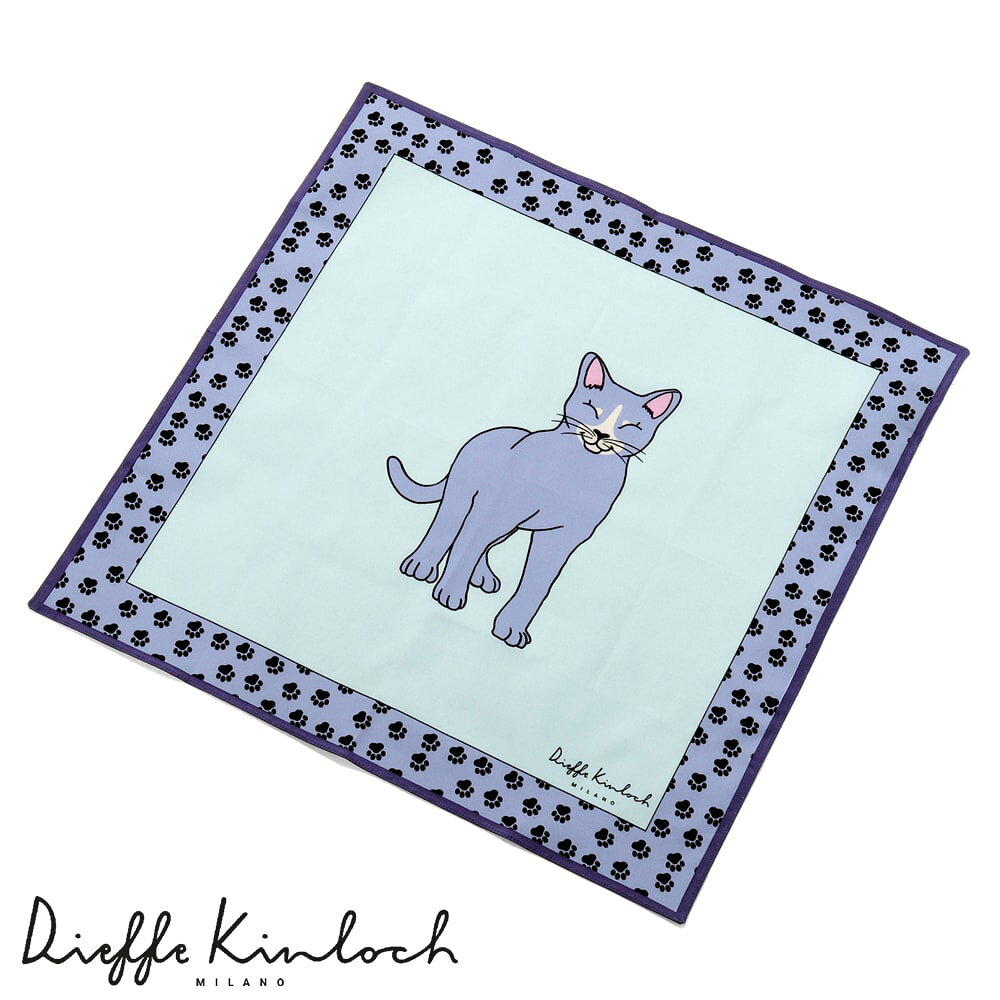 ディエッフェ キンロック Dieffe Kinloch ／ コットンポプリンプリントハンカチーフ「PET／BLUE CAT FRAME」（ライトブルー基調）【ネコポス対応 ／ 12点まで同梱可】【ラッピング対応】／ メンズ レディース ギフト プレゼント イタリア ペット
