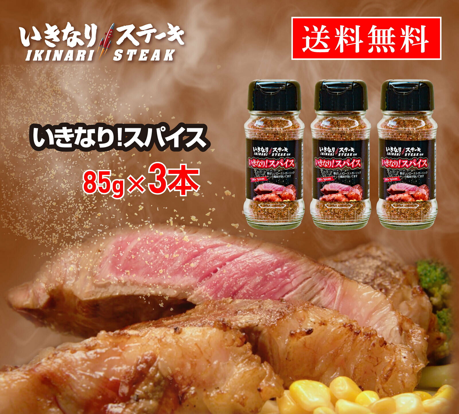 ステーキスパイス いきなり！スパイス【85g 3本】ステーキスパイス 調味料 にく 肉 調味料 スパイス 味付け 万能 スパイスミックス ローストガーリック BBQ アウトドア キャンプ チキン 野菜炒め 調味料 スパイス すぱいす ギフト プレゼント【いきなり！ステーキ】