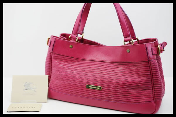 バーバリー　レザートートバッグ　カーフレザー　ブライト ルバーブ ピンク　【中古】2224