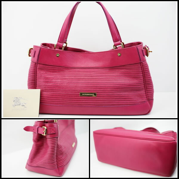 バーバリー　レザートートバッグ　カーフレザー　ブライト ルバーブ ピンク　【中古】2224