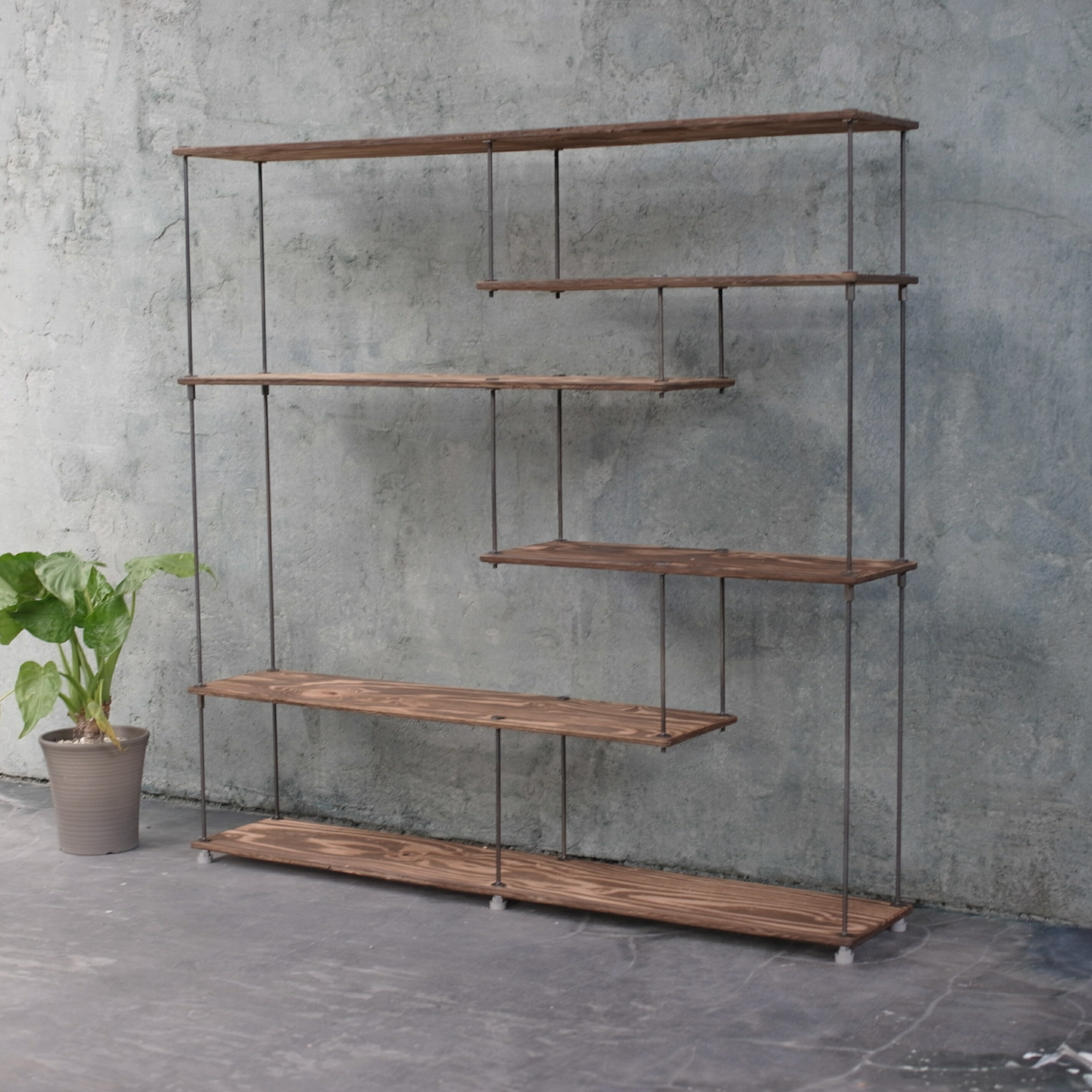 wood iron shelf 1180*1200*225〈ブラウン〉アイアン 棚 ラック シェルフ ウッド 鉄 木 収納棚 アンティーク ビンテージ シャビー インダストリアル オープンラック 両面棚 段違い棚 多肉植物 観葉植物 ディスプレイ 店舗什器