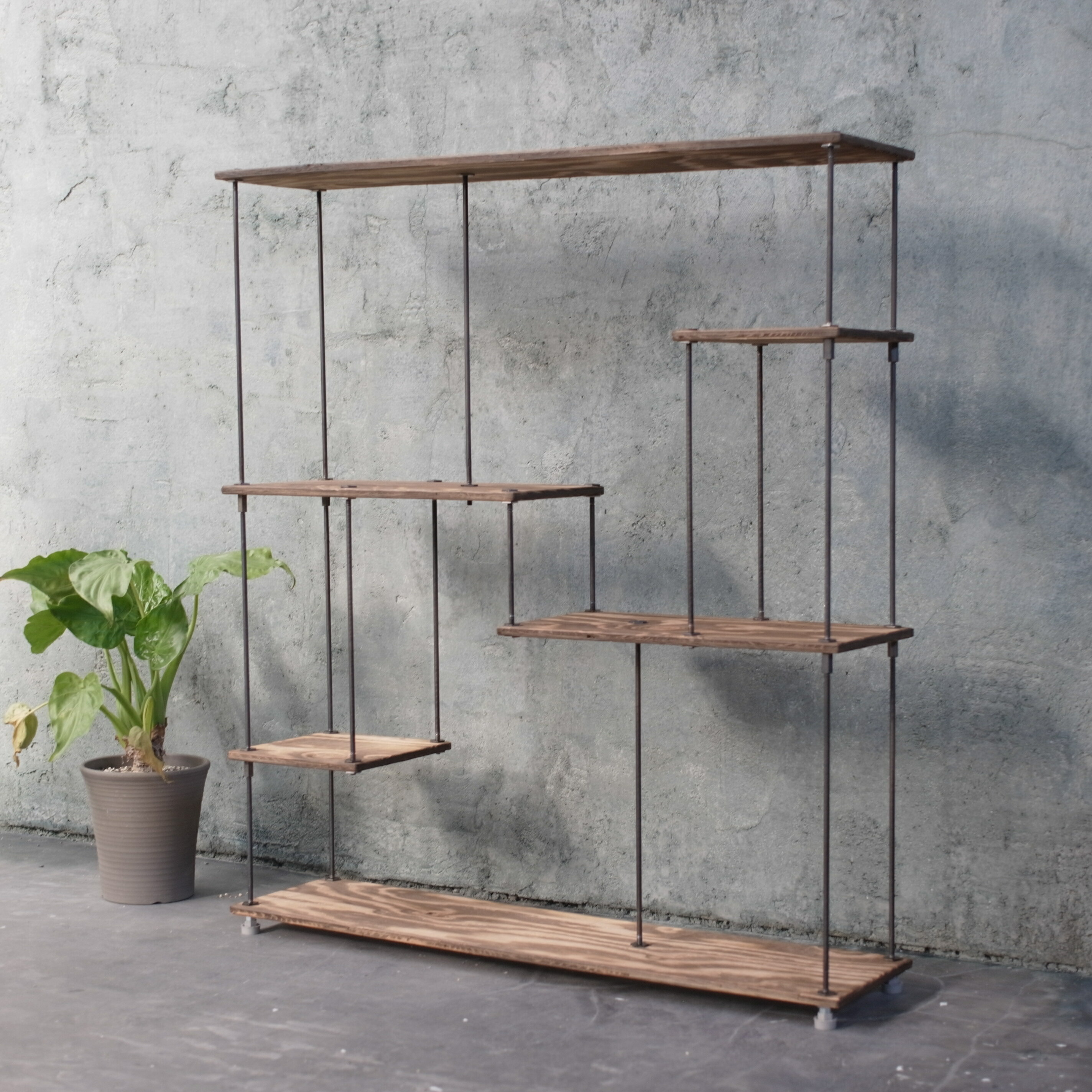 wood iron shelf 1040*910*225〈ブラウン〉アイアン 棚 ラック シェルフ ウッド 鉄 木 収納棚 アンティーク ビンテージ シャビー インダストリアル オープンラック 両面棚 段違い棚 多肉植物 観葉植物 ディスプレイ 店舗什器