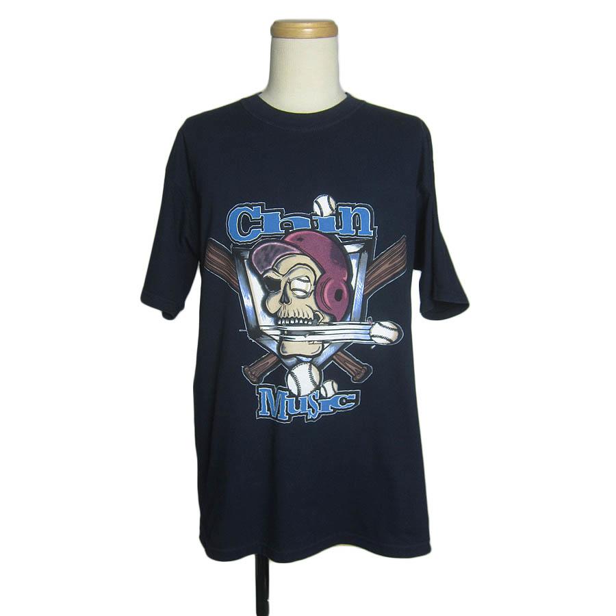 【中古】GILDAN プリントTシャツ スカル 野球 ティーシャツ メンズ Lサイズ 半袖 tee アメリカ輸入 古着 ネイビー 紺色