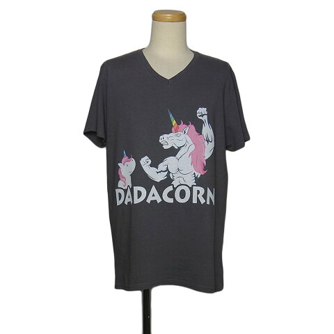 【中古】Vネック プリント Tシャツ メンズL 古着 グレー系 ユーズド ティーシャツ DADACORN ユニコーン キャラクター Tシャツ