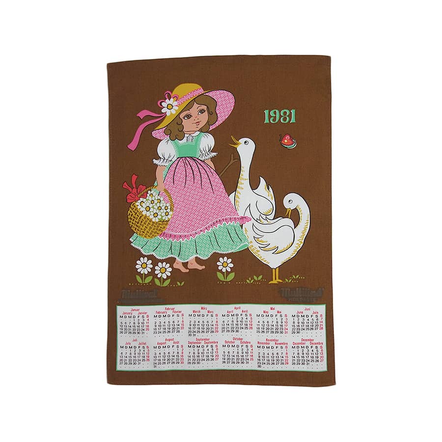 【中古】1981年 女の子 ヴィンテージ ファブリック カレンダー 布 タペストリー アンティーク ヨーロッパ 雑貨 異国屋