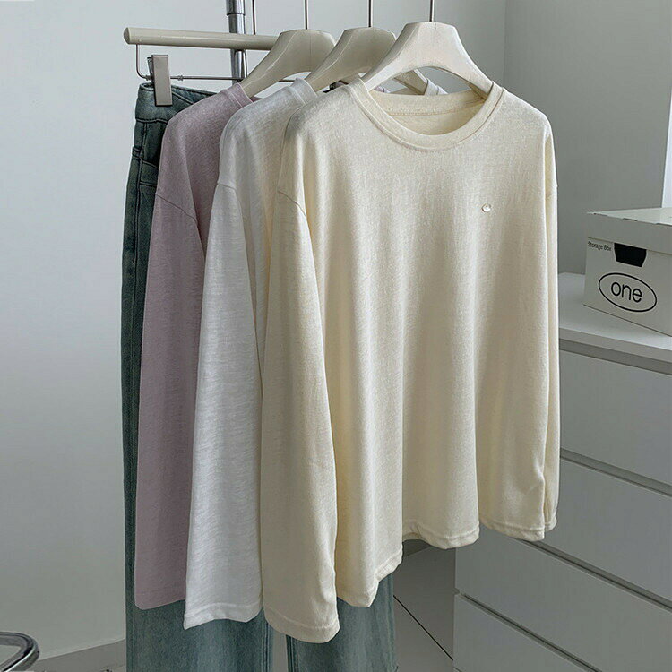 乐天商城 - Tシャツ 夏 長袖 クルーネック トップス 薄手 日焼け止め UVカット 紫外線対策 冷房対策 エアコン対策 ゆったり