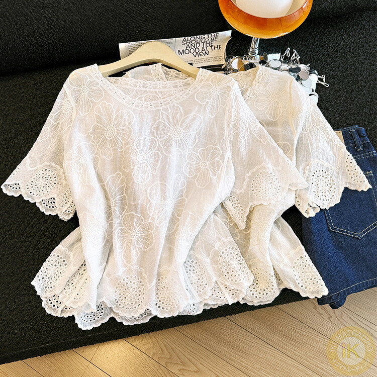 樂天商城 - 綿麻風 半袖シャツ ブラウス トップス 透かし レディース 薄手 ゆったり クルーネック カジュアル 夏用 夏服 女性用 プルオーバー 大きいサイズ 白 ホワイト かわいい