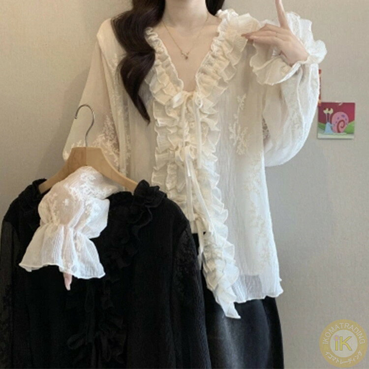乐天商城 - シャツブラウス 夏用 長袖 Vネック レディース かわいい エレガント
