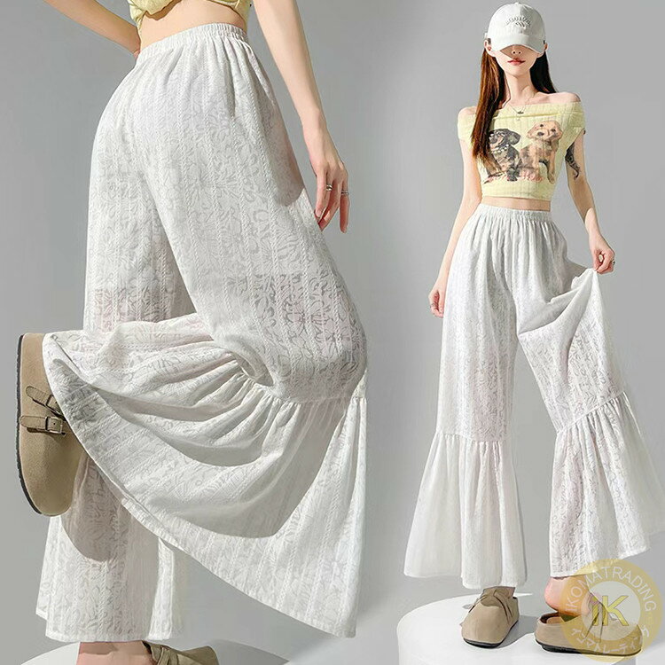 乐天商城 - 夏用 フレアパンツ デザイン ワイドパンツ レディース 女性 おしゃれ かわいい 九分丈 ボトムス 薄手 ハイウエスト カジュアル ゆったり