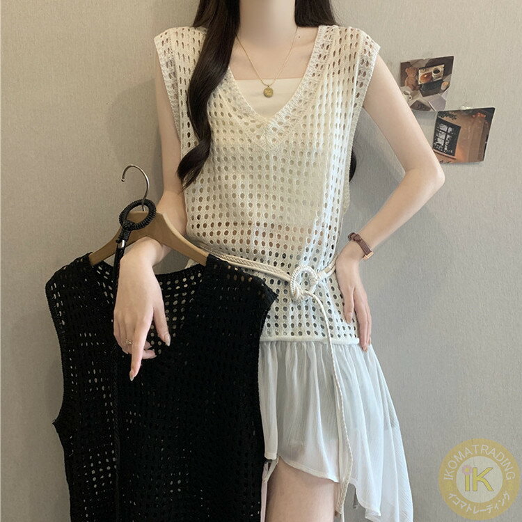 乐天商城 - Vネック ベスト プルオーバー 透かし レース 切り替え 夏用 レディース 女性用 重ね着 レイヤード風 トップス ゆったり カジュアル ノースリーブ