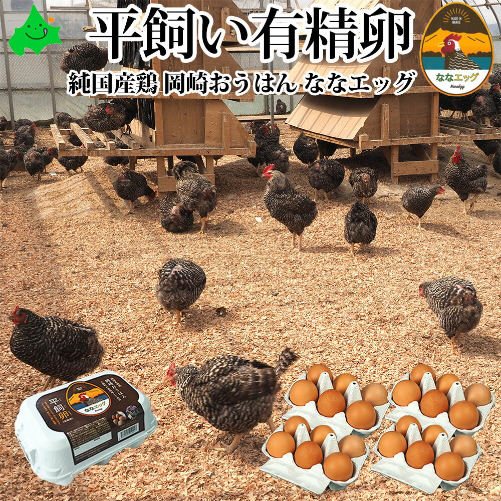 ななエッグは、岡崎おうはんという純国産鶏から生まれた北海道の七飯町産の有精卵です。 アニマルウェルフェアに則り、健康な鶏から美味しい卵が産まれると考え、ケージではなくストレスフリーで育てられた鶏から生まれる卵は、コクと甘みが強い卵です。 坂上＆指原のつぶれない店で岡崎おうはんをご紹介いただきました。 製品内容 名称 鶏卵(生食用) 内容量 24個を選んだ場合1ケース6個×4ケース合計24個(うち2個は破損保証分) 48個を選んだ場合1ケース6個×8ケース合計48個(うち4個は破損保証分) 賞味期限 採卵日より16日 保存方法 お買い上げ後は冷蔵庫(10℃以下)で保存 のし 対応しておりません 原産地 北海道七飯町 　　 個別包装者 株式会社GAC 北海道亀田郡七飯町字軍川518-2 　　 備考 夏場の気温上昇時にクール便でお届け致します。 お買い物ガイド 北海道美食生活の平飼い卵は様々な用途にご利用いただいております。 内祝・お返し などのお祝い事 出産内祝 結婚内祝 新築内祝 快気祝 入学内祝 結納返し 香典返し 引き出物 結婚式 引出物 法事 引出物 お礼 謝礼 御礼 お祝い返し 成人祝 卒業祝 結婚祝 出産祝 誕生祝 初節句祝 入学祝 就職祝 新築祝 開店祝 移転祝 退職祝 還暦祝 古希祝 喜寿祝 米寿祝 退院祝 昇進祝 栄転祝 叙勲祝 御中元 その他のギフトやプレゼント プレゼント お土産 手土産 プチギフト お見舞 ご挨拶 引越しの挨拶 誕生日 バースデー お取り寄せ 開店祝い 開業祝い 周年記念 記念品 お茶請け 菓子折り おもたせ 贈答品 挨拶回り 定年退職 転勤 来客 ご来場プレゼント ご成約記念 表彰 お父さん お母さん 兄弟 姉妹 子供 おばあちゃん おじいちゃん 奥さん 彼女 旦那さん 彼氏 友達 仲良し 先生 職場 先輩 後輩 同僚 取引先 お客様 20代 30代 40代 50代 60代 70代 80代 【還暦】 かんれき 60歳 【古希】 こき 70歳 【喜寿】 きじゅ 77歳 【傘寿】 さんじゅ80歳 【米寿】 べいじゅ 88歳 【卒寿】 そつじゅ 90歳 【白寿】 はくじゅ 99歳 【紀寿 百寿】きじゅ または ひゃくじゅ 100歳 季節のプレゼント・ギフトとして 1月 お年賀 正月 成人の日 2月 節分 旧正月 バレンタインデー 3月 ひな祭り ホワイトデー 春分の日 卒業 卒園 お花見 春休み 4月 イースター 新生活 入学 就職 入社 新年度 春の行楽 5月 ゴールデンウィーク こどもの日 母の日 6月 父の日 ブライダル 7月 七夕 お中元 暑中見舞 8月 夏休み 残暑見舞い お盆 帰省 9月 敬老の日 シルバーウィーク 10月 孫の日 運動会 学園祭 ハロウィン 11月 七五三 勤労感謝の日 12月 お歳暮 クリスマス 冬休み 寒中見舞いななエッグとは？ ななエッグは、岡崎おうはんという純国産鶏から生まれた北海道の七飯町産の有精卵です。 アニマルウェルフェアに則り、健康な鶏から美味しい卵が産まれると考え、ケージではなくストレスフリーで育てられた鶏から生まれる卵は、コクと甘みが強くなりました。 ※アニマルウェルフェアは、家畜へのストレスを可能な限り少なくし、 行動欲求が満たされた健康的な生活状態で飼育する畜産のあり方 ななエッグの特徴 比較的黄身の比率が高く、一般の卵より16～18%多くなっており、 白身の弾力も強く、卵を割った時の白身の盛り上がりは目を見張るもので、 甘みとコクを兼ね備えた卵かけご飯などにピッタリな卵です。 ななエッグの安心 ななエッグを生む鶏は、岡崎おうはんという純国産鶏です。 日本の風土や食習慣に適するよう改良され、国内に持続的に再生産可能にする目的で生産された品種です。 育種部門まで生産履歴が明確で、国が育種改良してきたという信頼・安心感がある鶏です。 アニマルウェルフェア(動物福祉)の考え方に則り、 鶏たちを限りなくストレスを与えずに育てるため、 1坪に10羽以下で平飼いを行い、10羽に1羽の割合でオスと一緒に生活をしています。 これは、メス達のホルモンバランスが良くなるようにと考えられての事です。 また、このような広い場所だからこそ可能な砂浴びを行います。 この砂浴びは、鶏たちのストレス解消も理由のひとつですが、 一般的には寄生虫を退治したり、羽根についた汚れを落とすなど 衛生面から自分を守るということでも必要な行動です。 エサにもミネラルやカルシウム豊富な道南地方の貝やサンゴの化石を混ぜ、 標高1166mの横津岳の湧水を与えることにより、周辺環境を活かし、 鶏たちを生育させています。 このような健康な鶏たちから産まれた卵は、 グレープフルーツの種子から抽出された抗菌エキスを使い洗浄されます。 自然由来の除菌液を使用するなどお届けするまでの安心にも気を使っております。 このように手間と時間、そして生育環境を考えた鶏たちから産まれたななエッグは、 一般的な卵と比較すると、高価になってしまいますが、お求めいただく皆様のご満足を目指し、 生産しております。 ななエッグはこんな環境で育てられています 生産地域 北海道 七飯町(函館の隣町) 飼育方法 通年平飼い 飼料 とうもろこし、コーンスターチ、米、 大豆油かす、なたね油かす、コーングルテンミール、 とうもろこしジスチラーズグレイソリュブル、 コーングルテンフィード、米糠、ふすま、 炭酸カルシウム、動物性油脂、リン酸カルシウム、食塩、 酵素処理ヤシ油かす、飼料用酵母、乳酸菌、 酵母菌、麹菌、有胞子乳酸菌、グア豆抽出繊維、 ブドウ糖、マリーゴールド花弁抽出ケン化処理物、 無水ケイ酸、大麦、米粉 （春から秋のみ）人参、かぼちゃ 抗生物質 不使用 ななエッグの故郷 ななエッグは、夜景で有名な函館の隣町七飯町で生産されています。 七飯町は活火山の駒ヶ岳や国定公園の大沼などがあり、北海道内でも温暖で降水量も少ない自然豊かな町です。 循環型農業 ななエッグは、水耕栽培で生産した農作物の残った物を飼料とし鶏を育てます。 その糞尿を活用し、バイオガス発電を行い、水耕栽培に必要なエネルギーを確保します。 循環型農業は、SDGsのつくる責任つかう責任にもあるように持続可能な消費と生産のパターンを確保することに繋がっていきます。 あなたなら、ななエッグどう食べちゃいます？ 卵の味をそのまま味わう代表 卵かけご飯 (TKG) 黄身が大きいので、濃厚でコクのある卵を味わえます。 定番の茹で卵や、カルボナーラ、かに玉なども美味しいですね。 【沖縄及び離島へお届けの方へ】 大変申し訳ございませんが、お届け日数の関係で、沖縄・離島へのお届けは見合わせております。 当店では、金額のわかる書類などは一切同封しておりませんので、ご安心ください。 ななエッグは現在ご家族にあわせて24個入りと48個入りを販売中 用途に合わせてご検討ください。