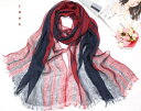 フランス 天然リネン亜麻100%大判ストール♪大人気 縞模様 UVカット スカーフ ショール マフラ♪レッド