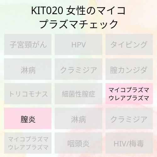 【送料無料】KIT020アイラボ「女性のマイコプラズマチェック」【あす楽対応】検査項目：マイコプラズマジェニタリウム、マイコプラズマホミニス、ウレアプラズマウレアリチカム、ウレアプラズマパルバム、膣炎