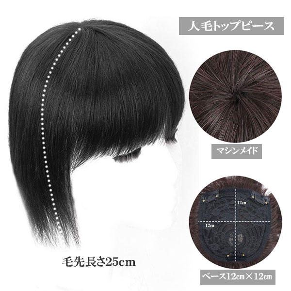 人毛 トップピース マシンメイド ストレート 25cm ヘアピース トップカバー つむじ メッシュベース 部..