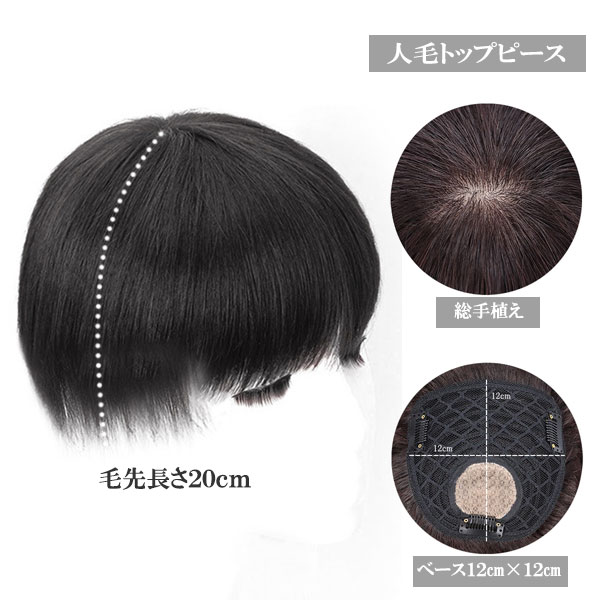 人毛 トップピース 手植え ストレート 20cm ヘアピース トップカバー つむじ メッシュベース 部分ウィッグ 増毛部分かつら ウイッグ かつら つけ毛 WIG MGH 01240