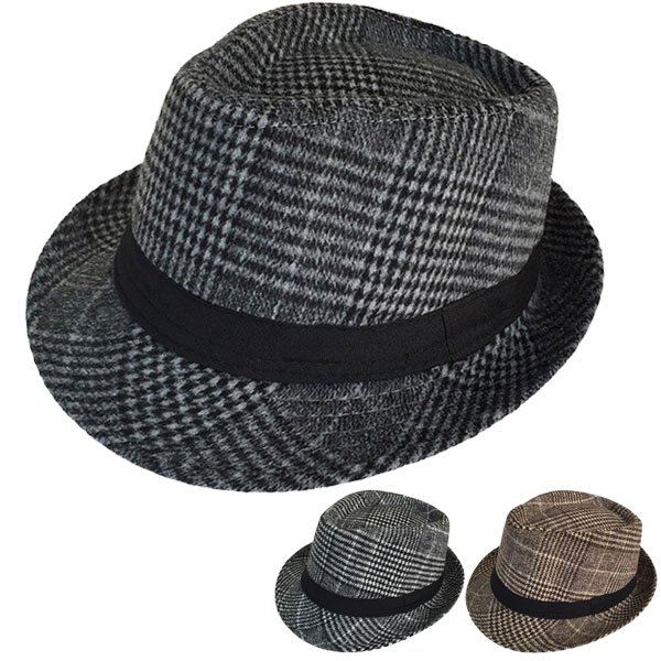 チェック柄 中折れハット 帽子 厚手 中折れ 起毛 リボン ポークパイハット メンズ レディース HAT CAP 3504