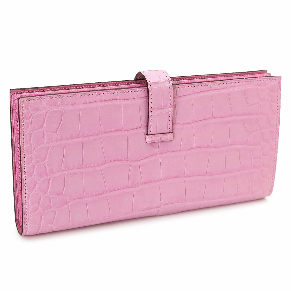 エルメス 長財布 レディース ベアンスフレ ロング ウォレット 二つ折りフラップ クロコダイル ワニ革 レザー ピンク HERMES BEARN SOUFFLET CROCO