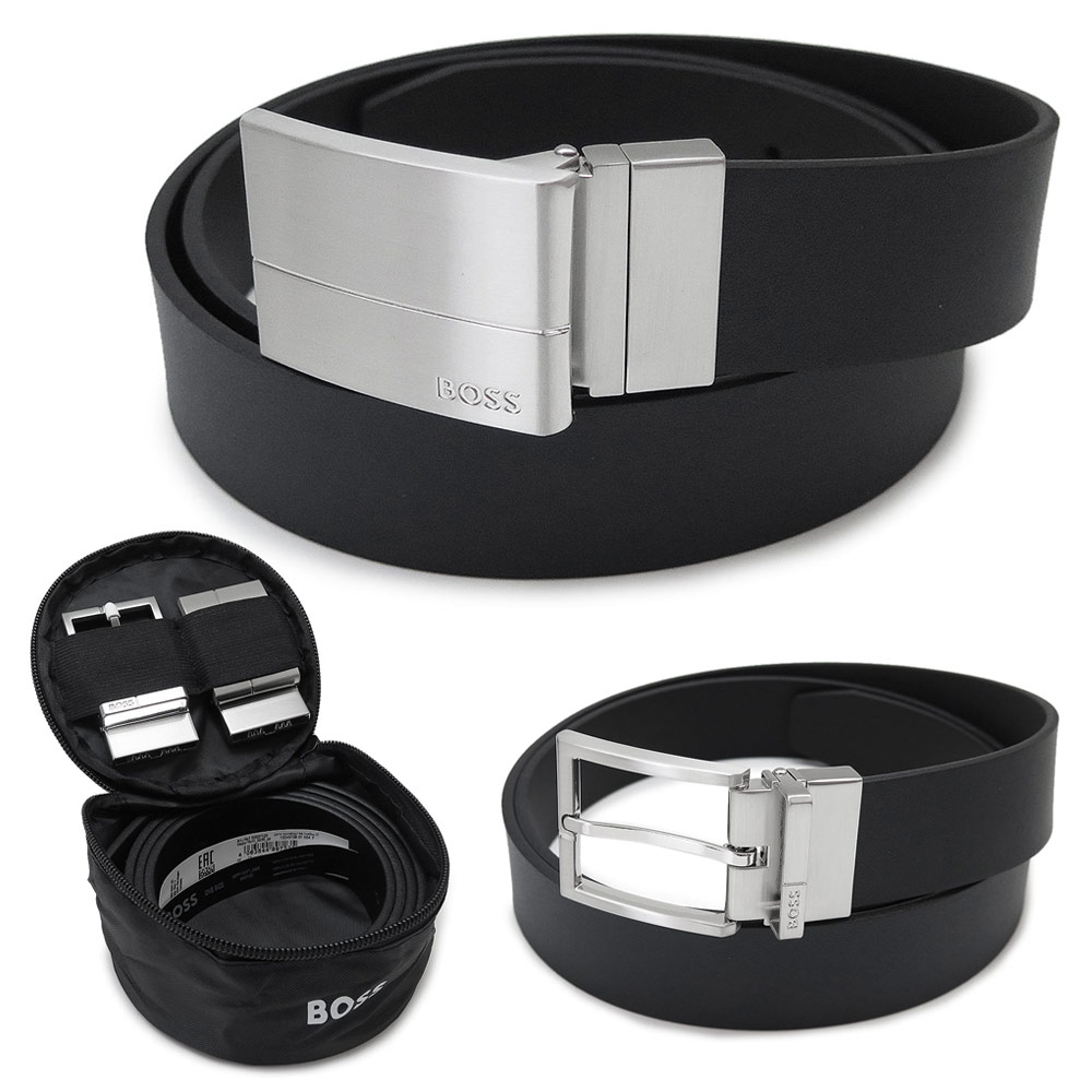 Rakuten - ヒューゴボス HUGO BOSS ベルト メンズ Geppy-Soft_Gb35_pp 50537100 リバーシブル 付け替えバックル ベルトセット 収納ポーチ付き ブラック 黒 大谷翔平 愛用ブランド 【2026年春夏新作】