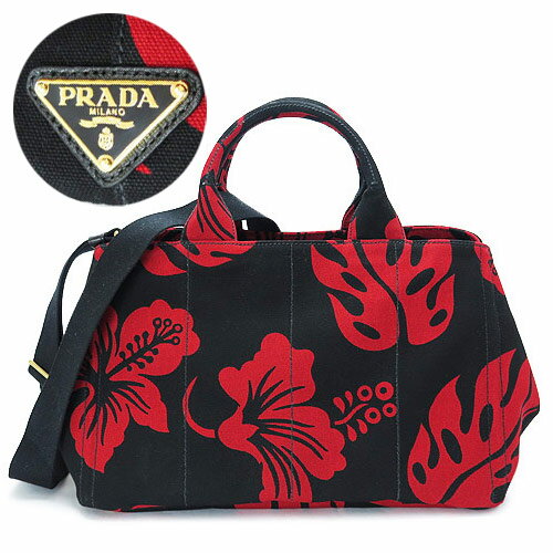 プラダ トートバッグ レディース カナパ B2642B ショルダーバッグ キャンバス ハイビスカス柄 ロッソ PRADA CANAPA STAMPATA