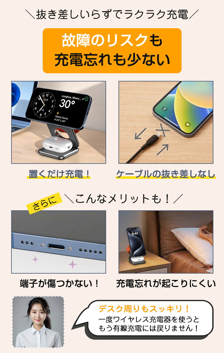 ワイヤレス充電器 マグネット MagSafe 充電器 3in1 15W 急速 iPhone 置くだけ充電 ...
