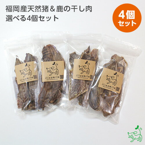 にくの日セール：無添加 国産 福岡産 天然猪の干し肉＆天然鹿の干し肉の選べる4個セット 犬おやつ 猪肉 鹿肉 アレルギー イノシシ シカ ジャーキー ドッグフード