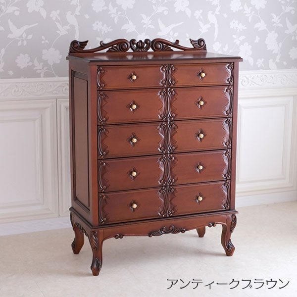 【SS限定!確率1/2で最大100%ポイントバック】チェスト タンス たんす 小物 収納 引出 5段 ホワイト 白 姫系 フェミニン アンティーク調 ロココ調 猫脚 モンペリエ グランデ5段チェスト K-C-85-BR/WH [2]