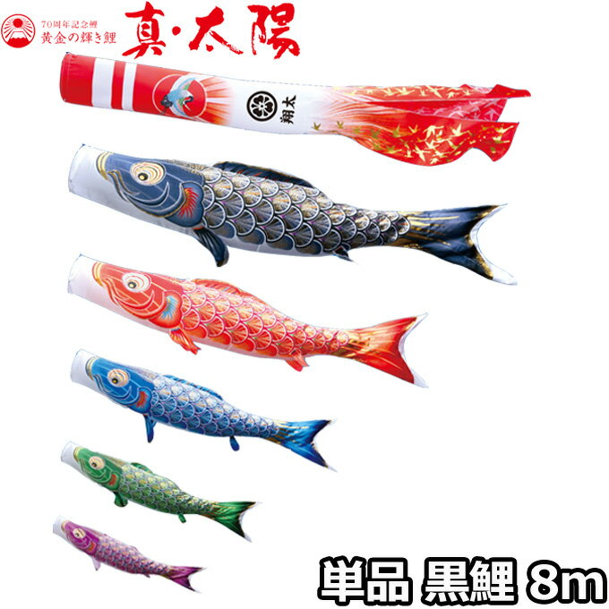 2026年度 日本製 こいのぼり 徳永鯉 鯉単品 黄金の輝き鯉 真・太陽 単品鯉8m 003-801 黒鯉