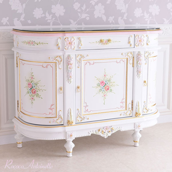 サイドボード リビングボード リビング収納 ガラス天板付 姫系 かわいい ロココ調 ROC-1080K-S